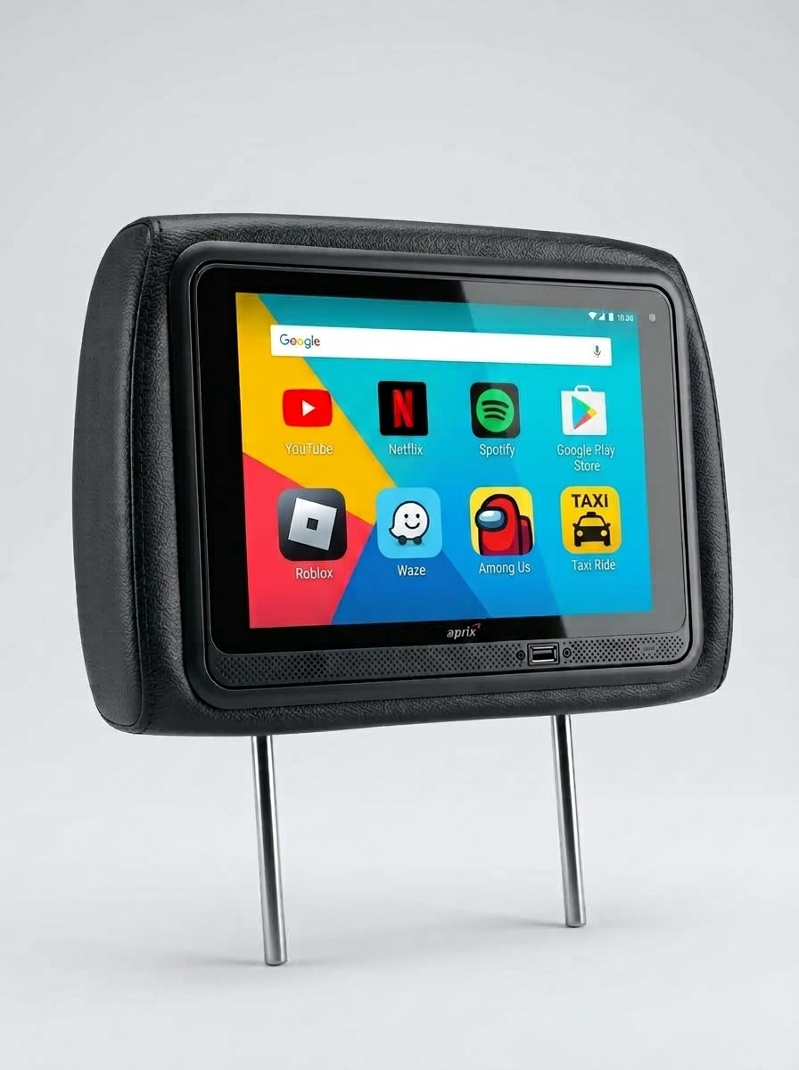 Pantalla del cabecero Aprix con Android y aplicaciones de entretenimiento.