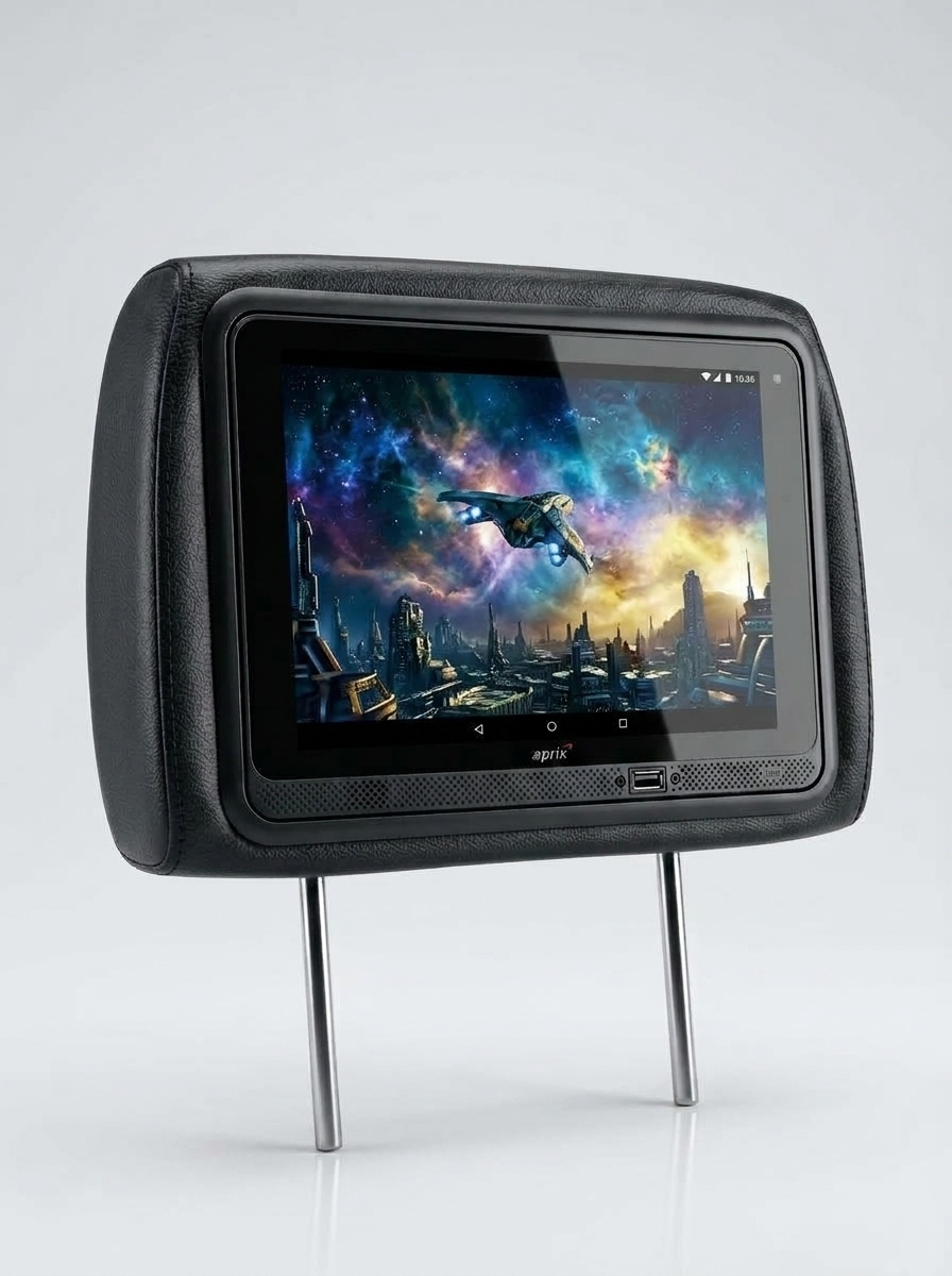Pantalla HD de 10,1 pulgadas del cabecero Aprix, con un video en reproducción.